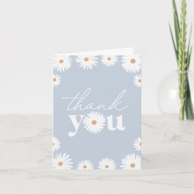 Blue Boho Daisy Birthday Party Thank You Card (Front)