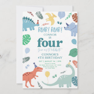 Blue Boho Dinosaur 4th Birthday Invitation