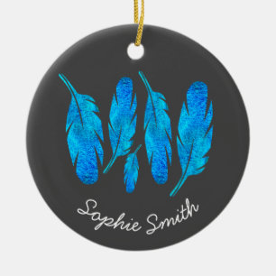 Blue boho feathers blue and grey ceramic tree decoration