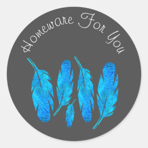 Blue boho feathers blue and grey classic round sticker