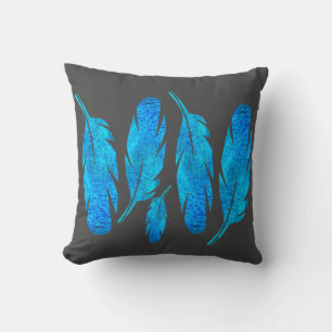 Blue boho feathers blue and grey cushion