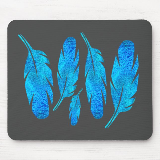 Blue boho feathers blue and grey mouse mat (Front)