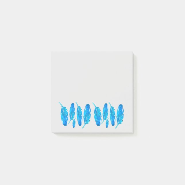 Blue boho feathers blue and grey post-it notes (Front)