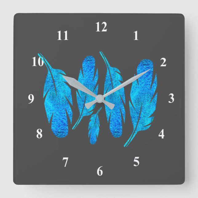 Blue boho feathers blue and grey square wall clock (Front)