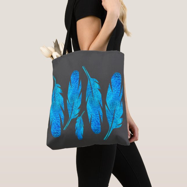 Blue boho feathers blue and grey tote bag (Close Up)