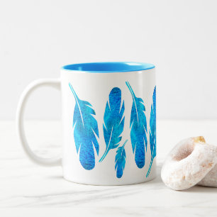 Blue boho feathers blue and grey Two-Tone coffee mug