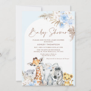 Blue Boho Floral Arch Safari Animals Baby Shower Invitation