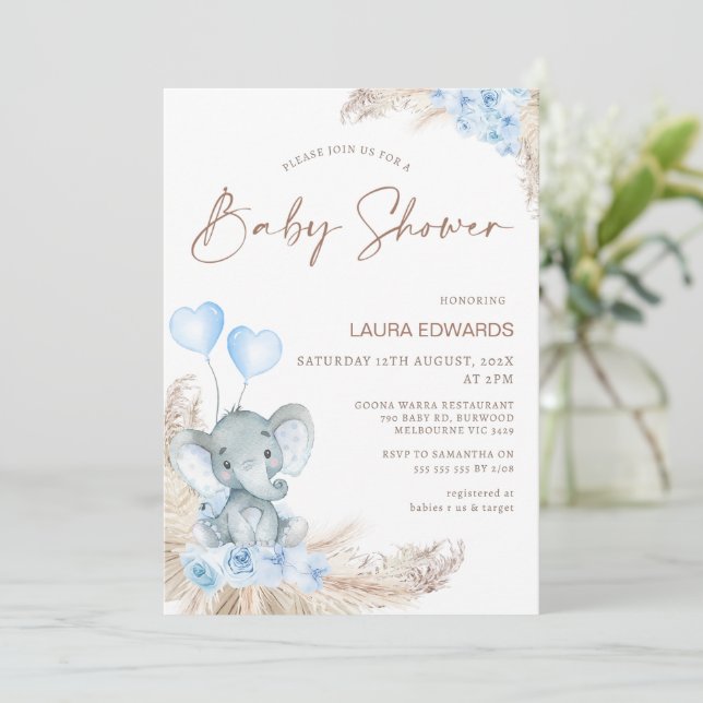 Blue Boho Floral Boys Elephant baby Shower Invitation (Standing Front)