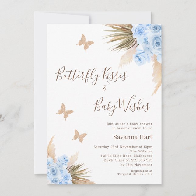 Blue Boho Floral Butterfly Kisses Baby Shower Invitation (Front)