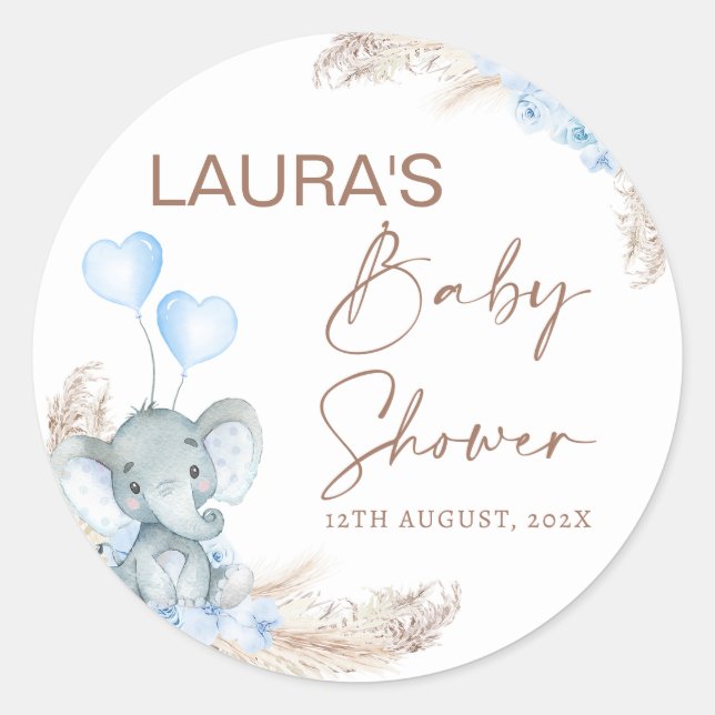 Blue Boho Floral Elephant Baby Shower  Classic Round Sticker (Front)