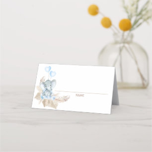Blue Boho Floral Elephant Baby Shower Place Card