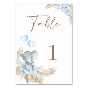 Blue Boho Floral Elephant Baby Shower  Table Number