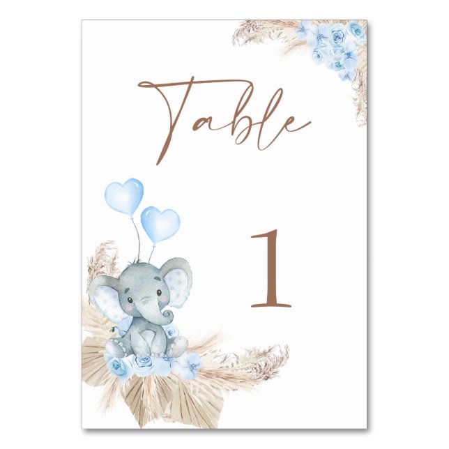 Blue Boho Floral Elephant Baby Shower  Table Number (Front)