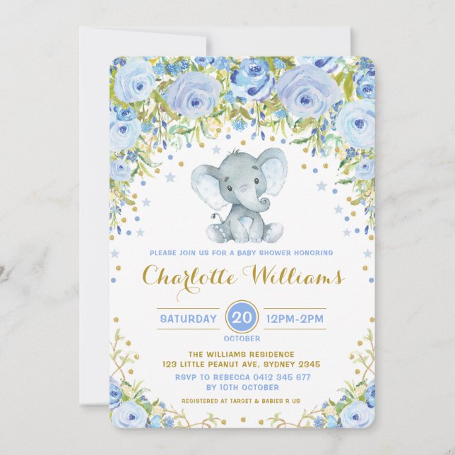 Blue Boho Floral Elephant Invite Boy Baby Shower (Front)