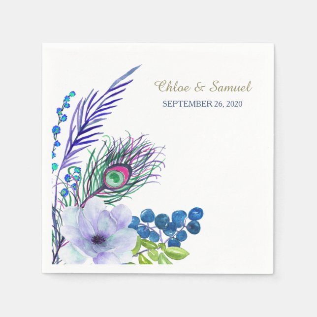 Blue Boho Floral Feather Wedding Napkin (Front)