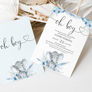 Blue Boho Floral Oh Boy Elephant Baby Shower Invitation