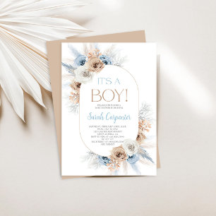 Blue Boho Floral Pampas Grass Baby Shower Boy Invitation
