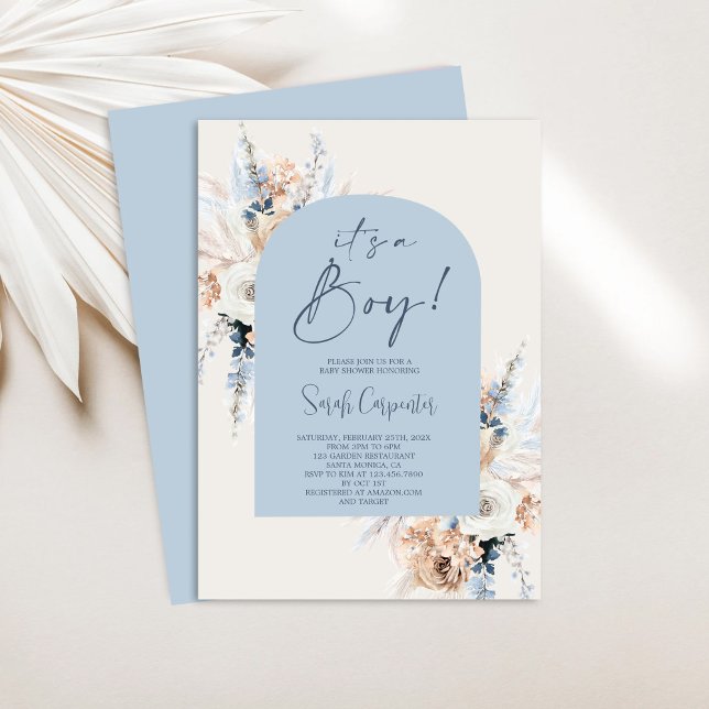 Blue Boho Floral Pampas Grass Baby Shower Boy Invitation (Creator Uploaded)
