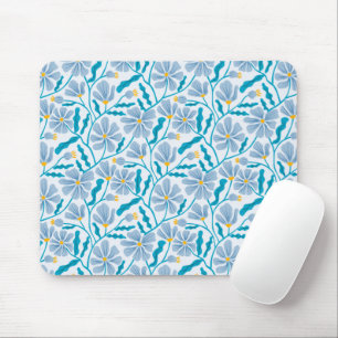 Blue Boho Floral Pattern Mouse Mat