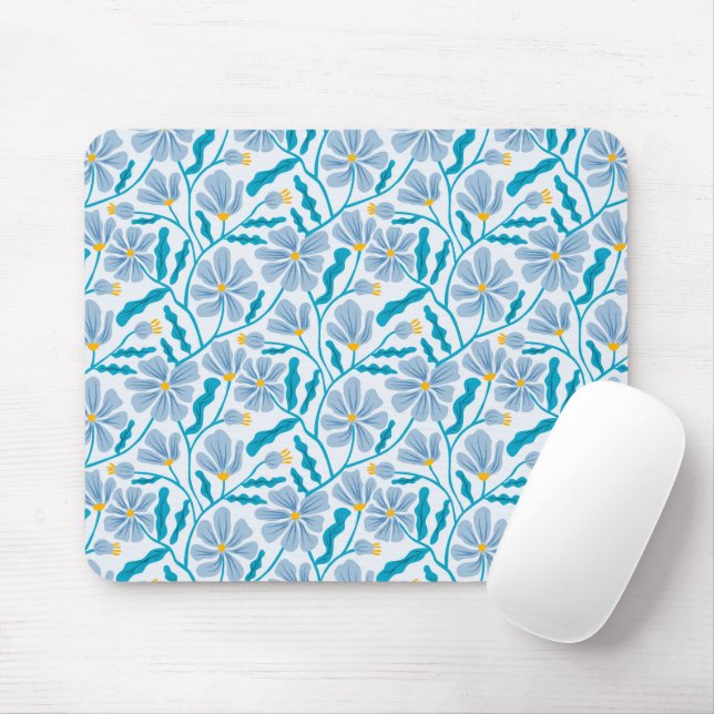 Blue Boho Floral Pattern Mouse Mat (With Mouse)