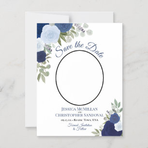 Blue Boho Floral & Photo Wedding Save the Date Magnetic Invitation