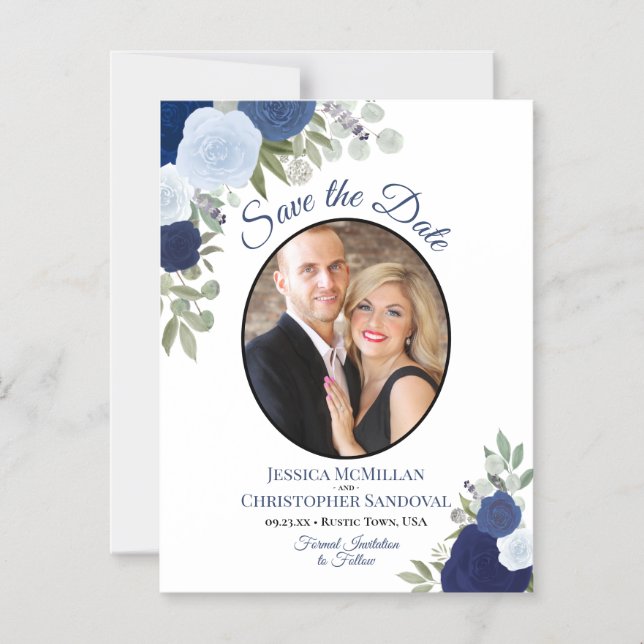 Blue Boho Floral & Photo Wedding Save the Date Magnetic Invitation (Front)