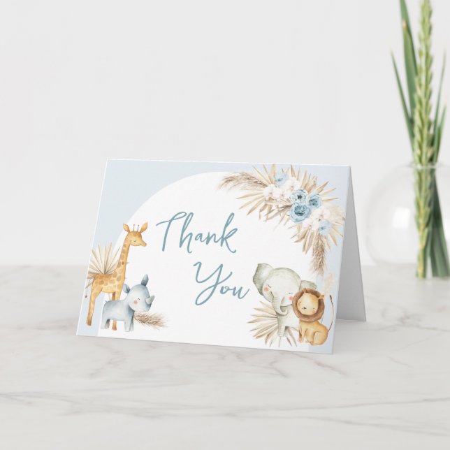 Blue Boho Floral Safari Baby Shower  Thank You Card (Front)