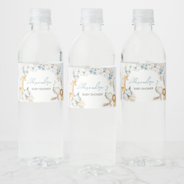Blue Boho Floral Safari Baby Shower  Water Bottle Label (Bottles)