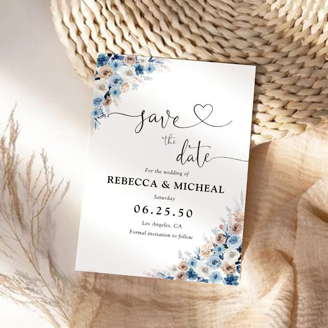 Blue Boho Floral Save The Date Card (Creator Uploaded)