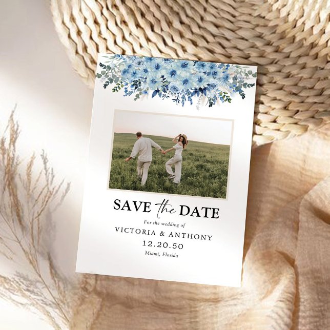 Blue Boho Floral Save The Date with Photo  (Creator Uploaded)