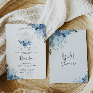 Blue Boho Floral Tea Party Bridal Shower  Invitation