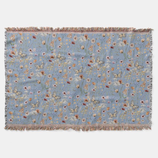 Blue Boho Floral Throw Blanket (Front)