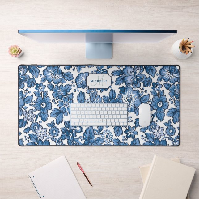 Blue Boho Floral w/Name & Monogram Desk Mat (Office 1)