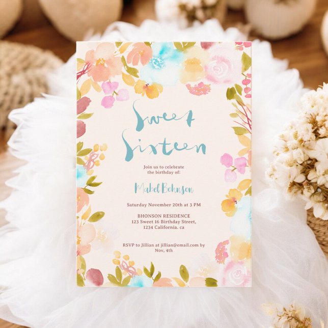blue boho floral watercolor script Sweet 16  Invitation (blue boho floral watercolor script Sweet 16 Invitation)