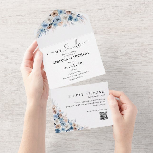 Blue Boho Floral Wedding All in One Invitation (Tearaway)