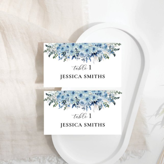 Blue Boho Floral Wedding Flat Place Card (Creator Uploaded)