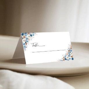 Blue Boho Floral Wedding Folded Place Card
