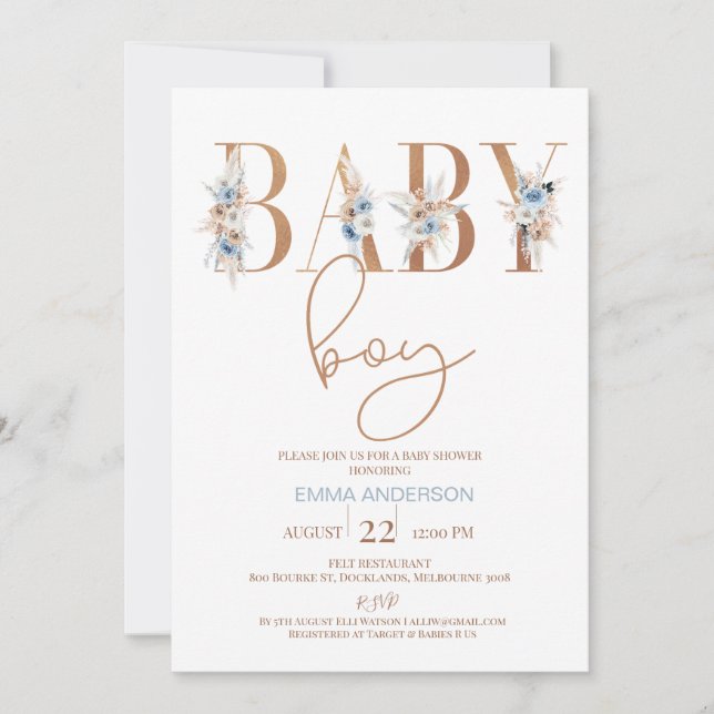 Blue Boho Floral Word Baby Boy Baby Shower Invitation (Front)