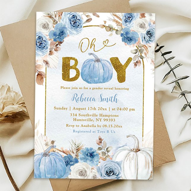 Blue Boho Gold Pumpkin Fall Oh Boy Baby Shower Invitation (Creator Uploaded)