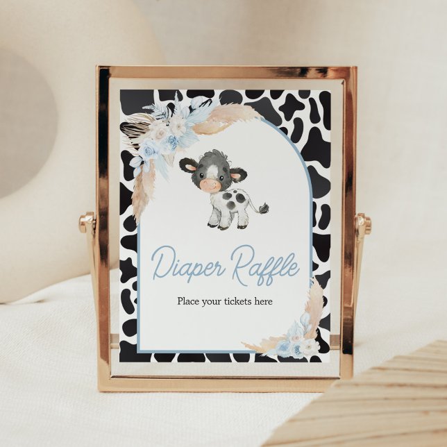 Blue Boho Highland Cow Baby Shower Diaper Raffle Poster (Bohemian Floral Farm Baby Shower Diaper Raffle Sign)