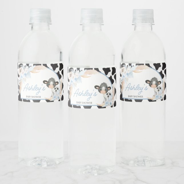 Blue Boho Highland Cow Baby Shower Water Bottle Label (Bottles)