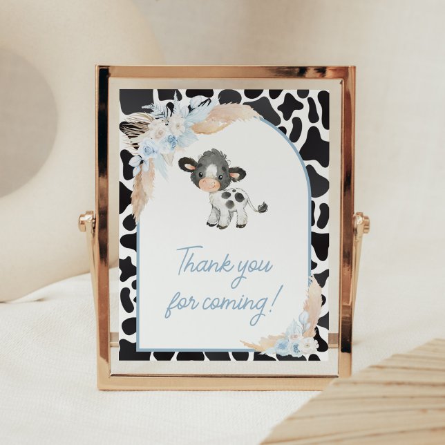 Blue Boho Highland Cow Baby Thank you for Coming Poster (Bohemian Floral Farm Baby Shower Thank you for Coming Sign)