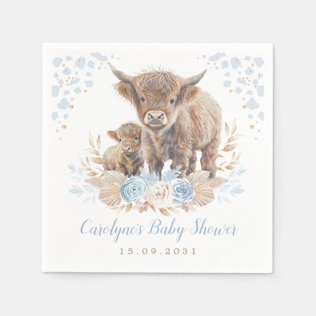 Blue Boho Highland Cow Boy Baby Shower Napkin (Front)