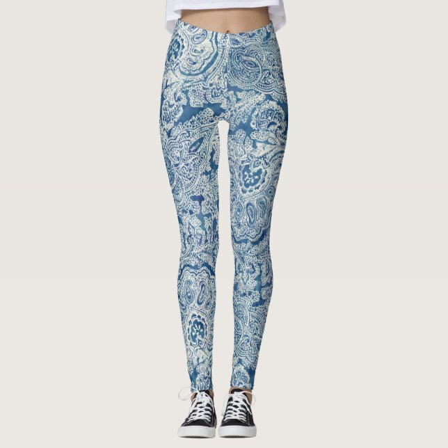 Blue Boho Lace Paisley Pattern  Leggings (Front)