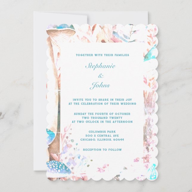 Blue Boho Mushroom Art Woodland Wedding 2024 Invitation (Front)