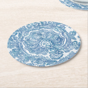 Blue Boho Paisley Pattern  Round Paper Coaster
