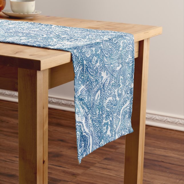 Blue Boho Paisley Pattern Short Table Runner (In Situ)
