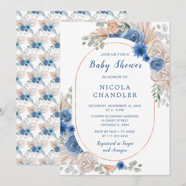 Blue Boho Pampas Grass Baby Shower Invitation (Front/Back)