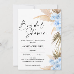 Blue Boho Pampas Grass Bridal Shower Invitation