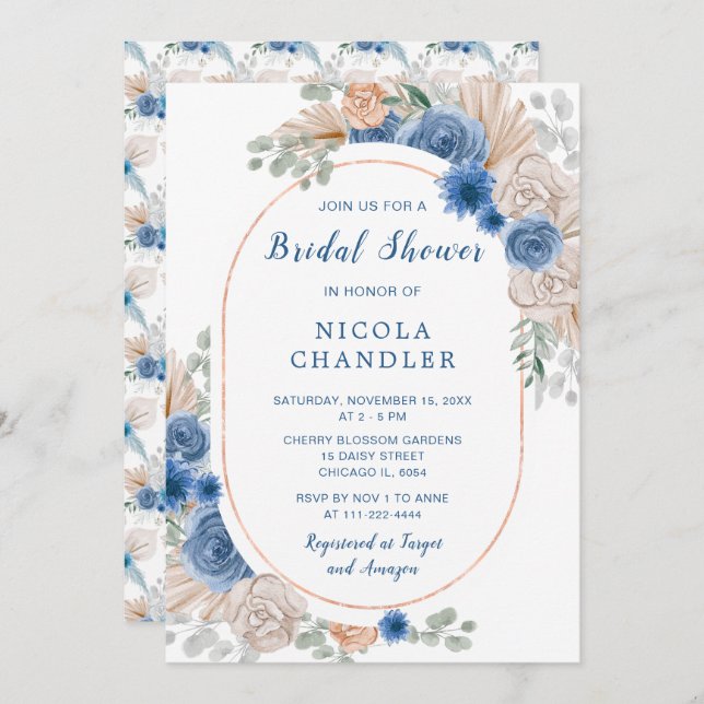 Blue Boho Pampas Grass Bridal Shower Invitation (Front/Back)